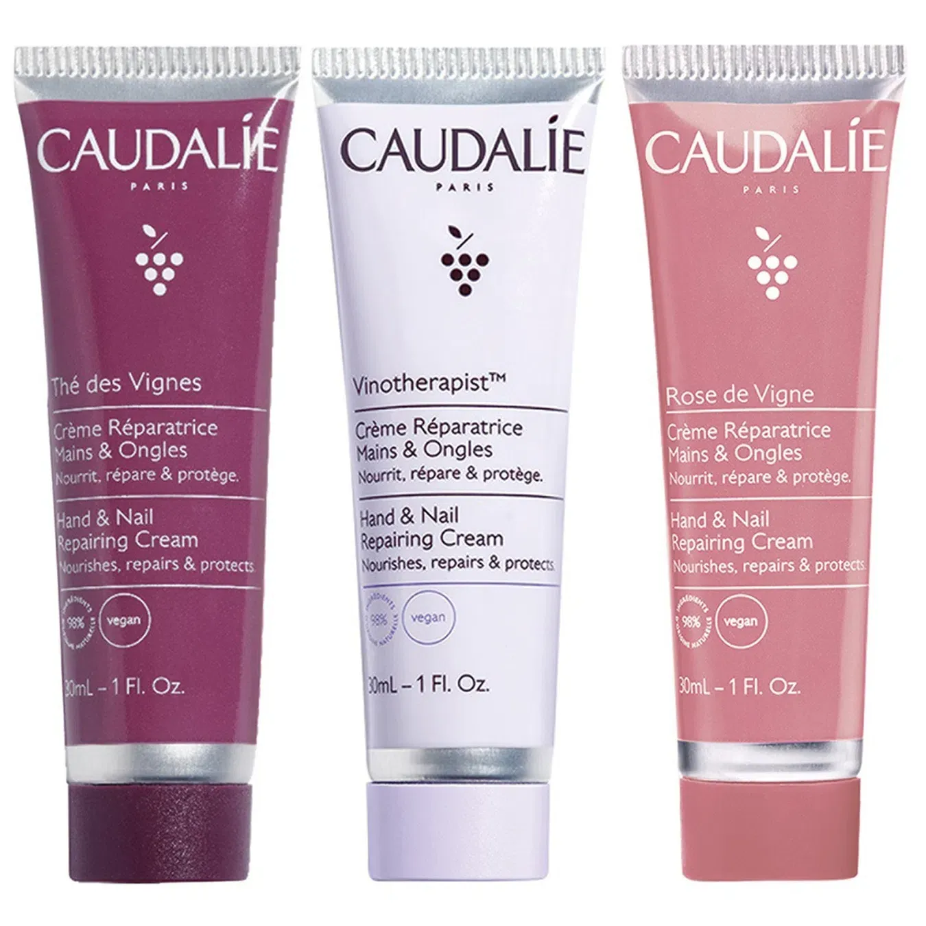 Набір Caudalie (Кодалі) Тріо кремів для рук Vinotherapist Крем для рук та нігтів 30 мл, The Des Vignes Крем для рук та нігтів 30 мл, Rose de Vigne Крем для рук та нігтів 30 мл - Фото 1