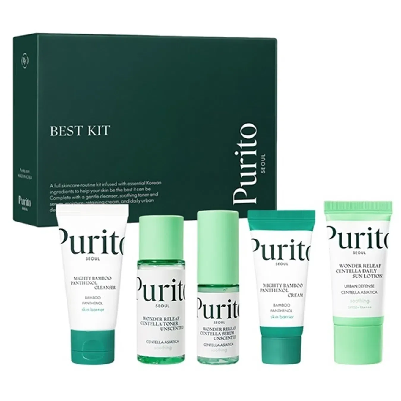 Набір мініатюр засобів Purito (Пуріто) Seoul Best Kit для обличчя (гель 30 мл, тонер 30 мл, сироватка 15 мл, крем 15 мл, сонцезахист 15 мл) - Фото 1