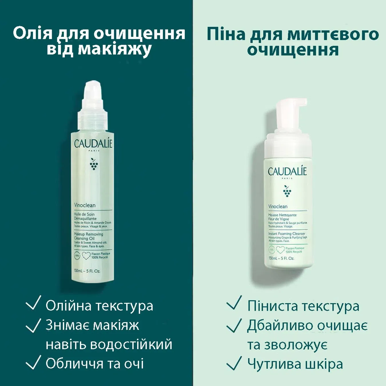Набір Caudalie (Кодалі) Vinoclean (Віноклін) Duo 2025 Ніжне очищення Олія для зняття макіяжу з обличчя та очей 75 мл, Мус для очищення обличчя Fleur de Vigne 50 мл - Фото 1