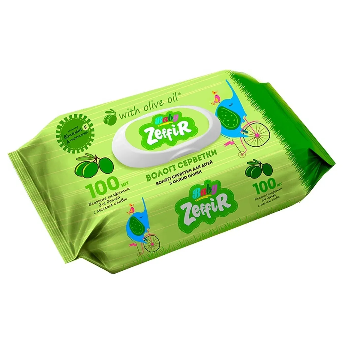 Серветки вологі Zeffir (Зефір) Baby дитячі з маслом оливи, з клапаном 100 шт - Фото 1