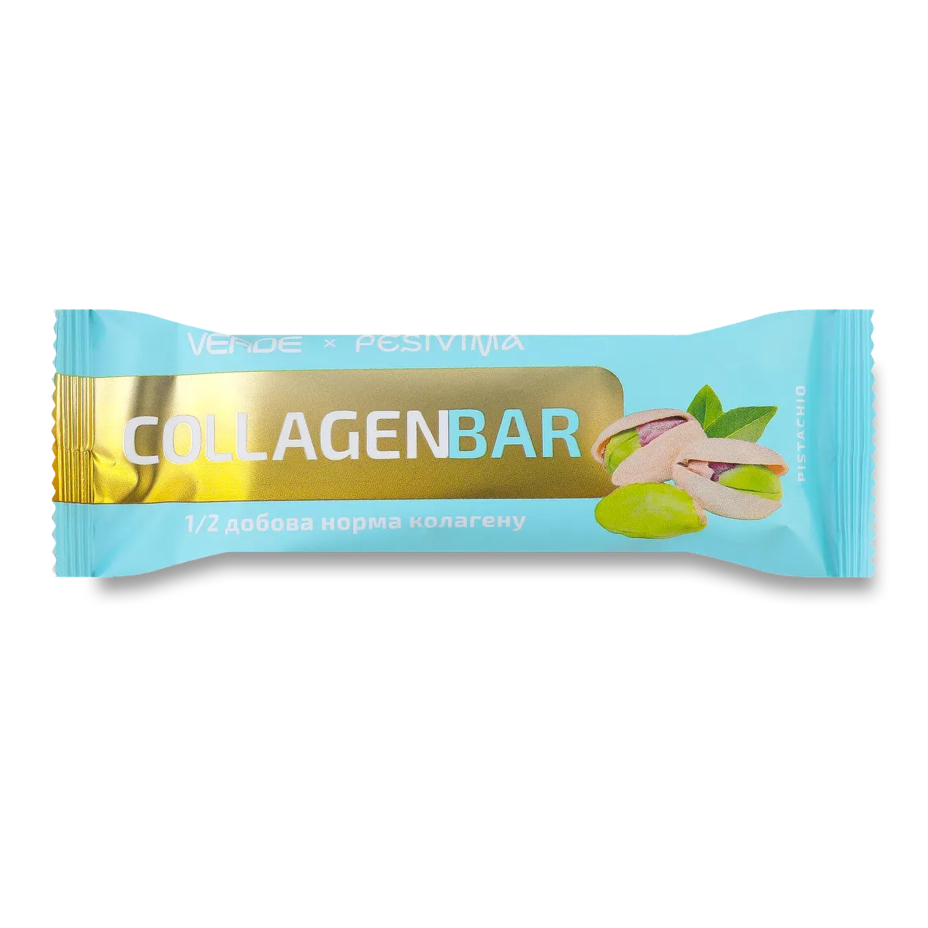 Батончик Verde Collagen з пептидами морського колагену, фісташками та білим шоколадом - Фото 1