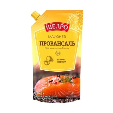 Майонез 0,5 кг Щедро Провансаль 67% д/пак - Photo 1