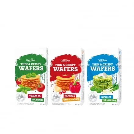 Вафлі 85г Своя лінія Wafers солоні з томат і базил, з паприк чилі та часник, зі шпинат та циб к/уп - Photo 1