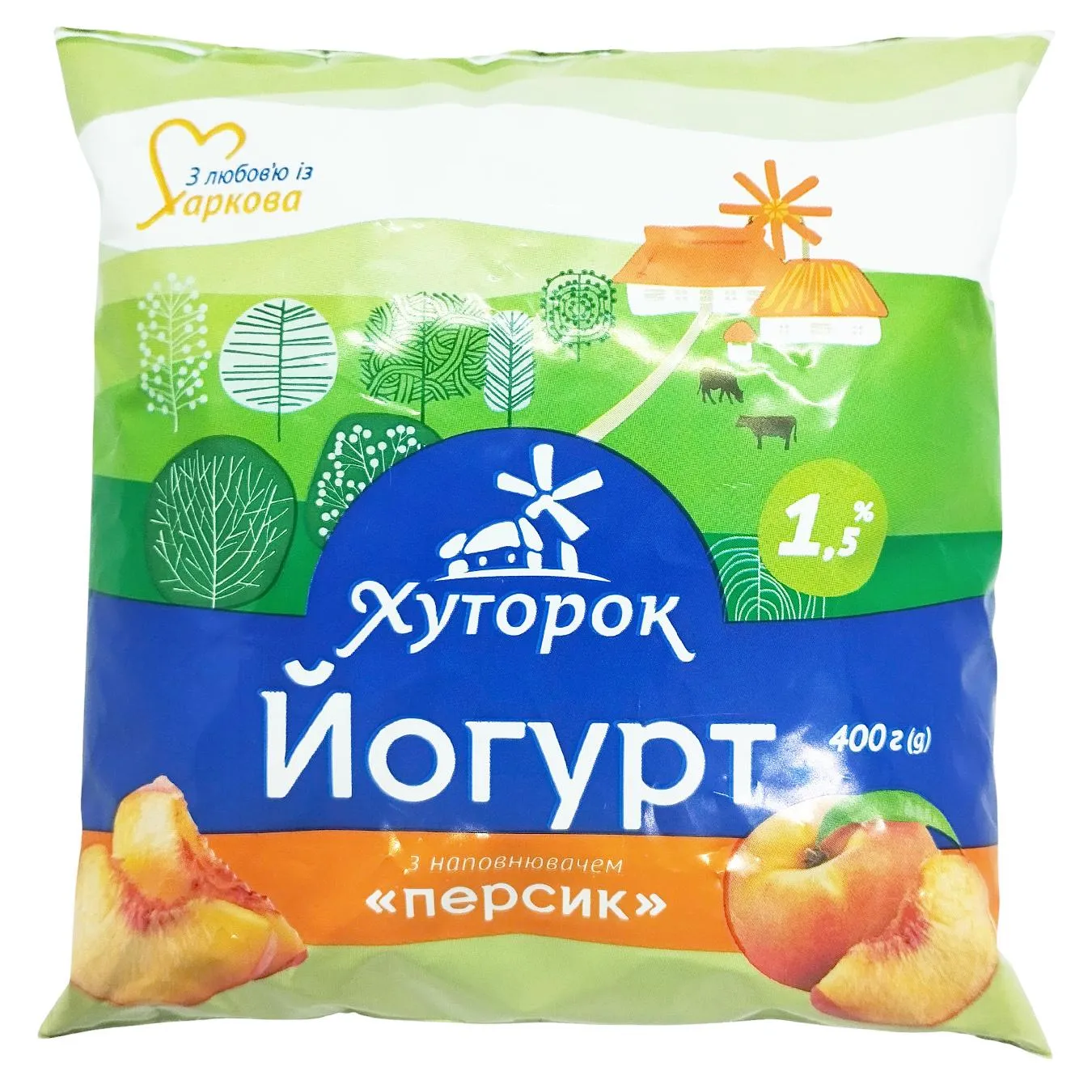Йогурт Хуторок Персик 1,5% 400г - Фото 1