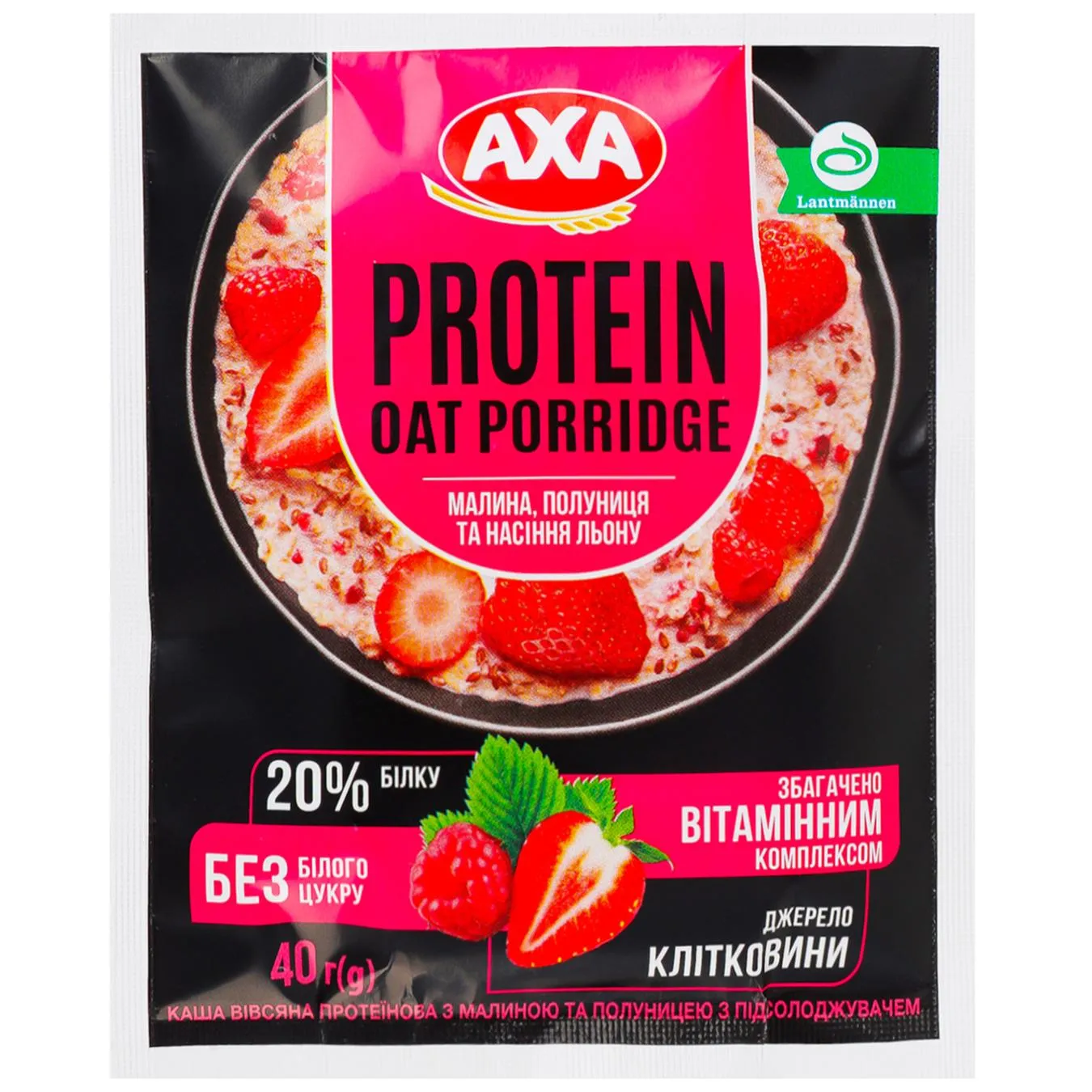 Каша вівсяна Аха Protein малина та полуниця з підсолоджувачем 40г - Фото 1