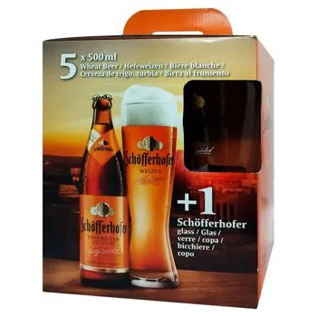 Набір пива Schofferhofer Hefeweizen світле нефільтроване 5% 5шт*0,5л + келих - Фото 1