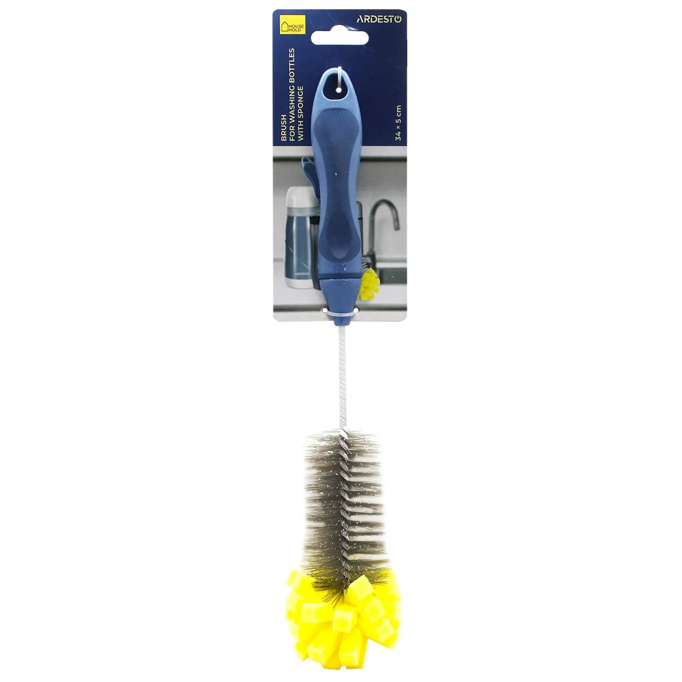 Щітка для миття пляшок з губкою Ardesto Solid блакитна 34*5см - Фото 1