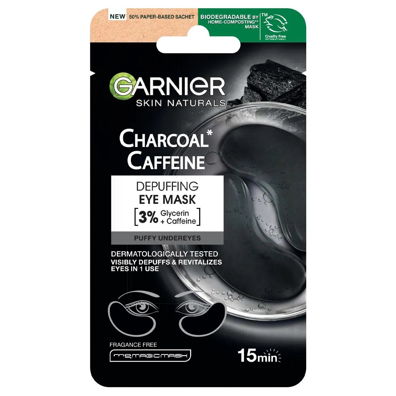 Патчі тканинні Garnier Charcoal Caffeine для зменшення мішків під очима 5г - Фото 1