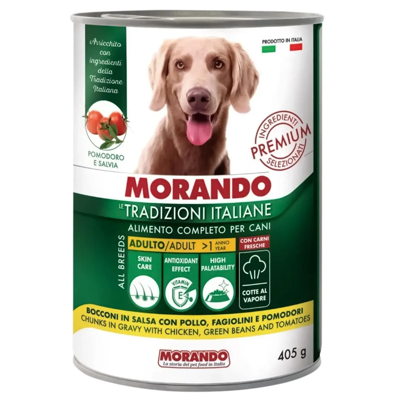 Корм консервований для собак Morando Tradizioni шматочки в соусі з куркою, стручковою квасолею та томатами 405г - Фото 1