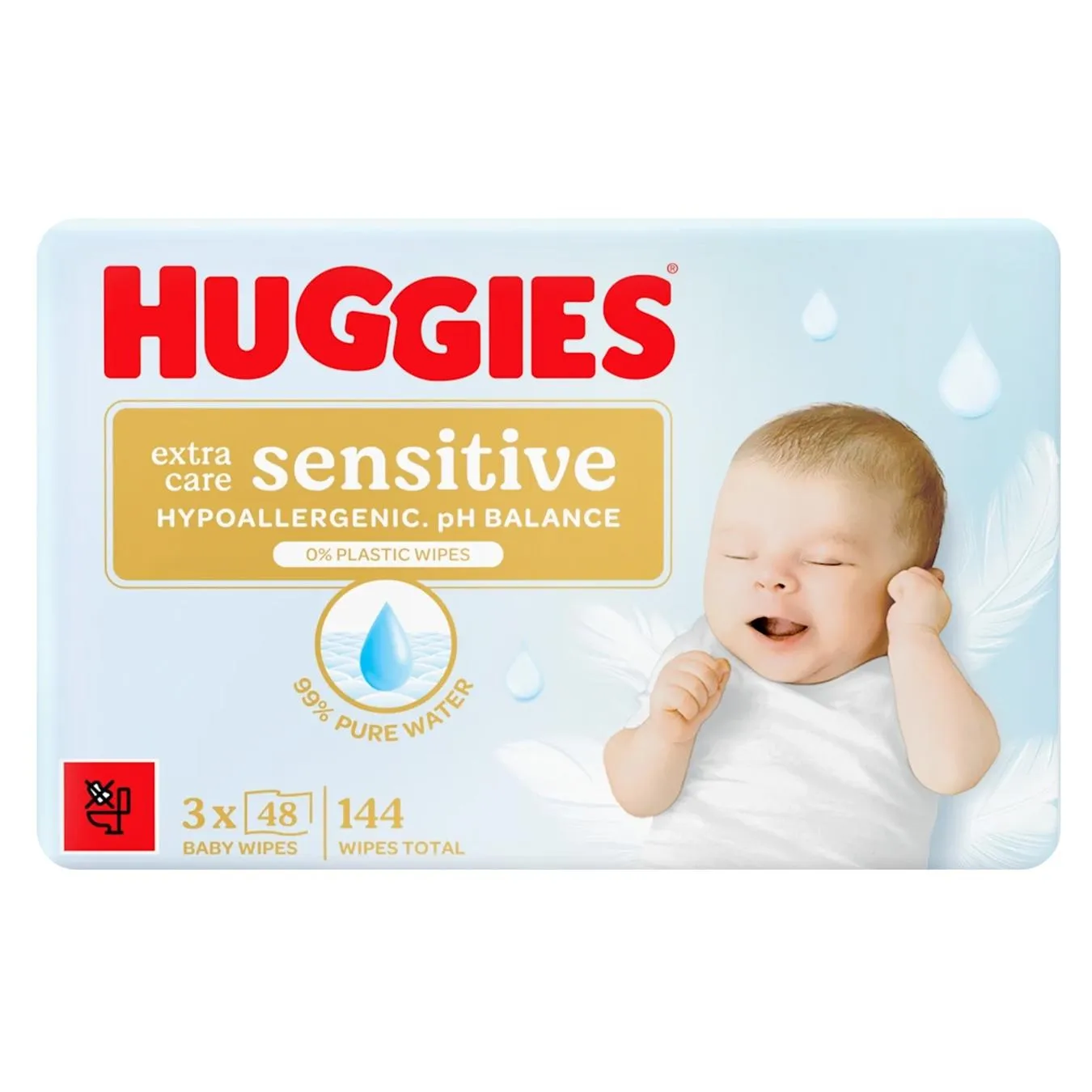 Серветки вологі дитячі Huggies Extra Care Sensitive 3х48шт - Фото 1