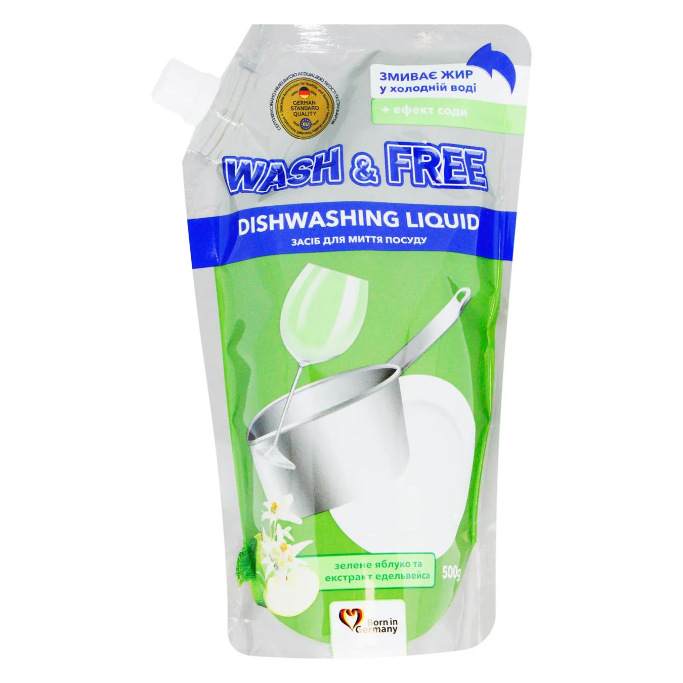 Засіб для миття посуду Wash&Free Зелене яблуко і екстракт едельвейса 500г - Фото 1
