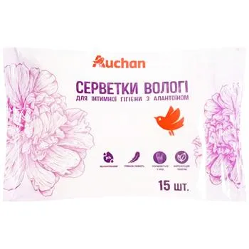 Серветки вологі Auchan для інтимної гігієни з алантоїном 15шт - Photo 1