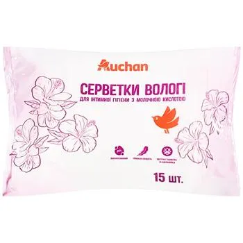 Серветки вологі Auchan для інтимної гігієни з молочною кислотою 15шт - Photo 1