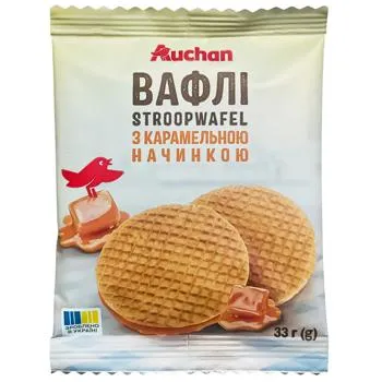 Вафлі Auchan Stroopwafel з карамельною начинкою 33г - Photo 1