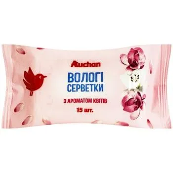 Серветки вологі Auchan з ароматом квітів 15шт - Photo 1