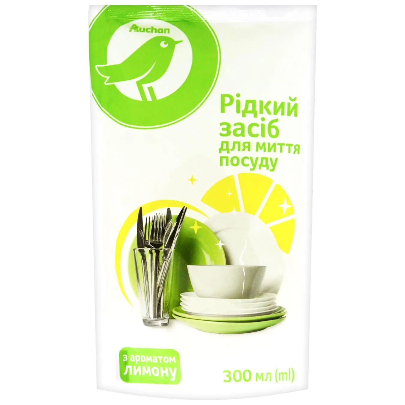 Рідкий засіб Auchan для миття посуду Лимон 300мл - Фото 1