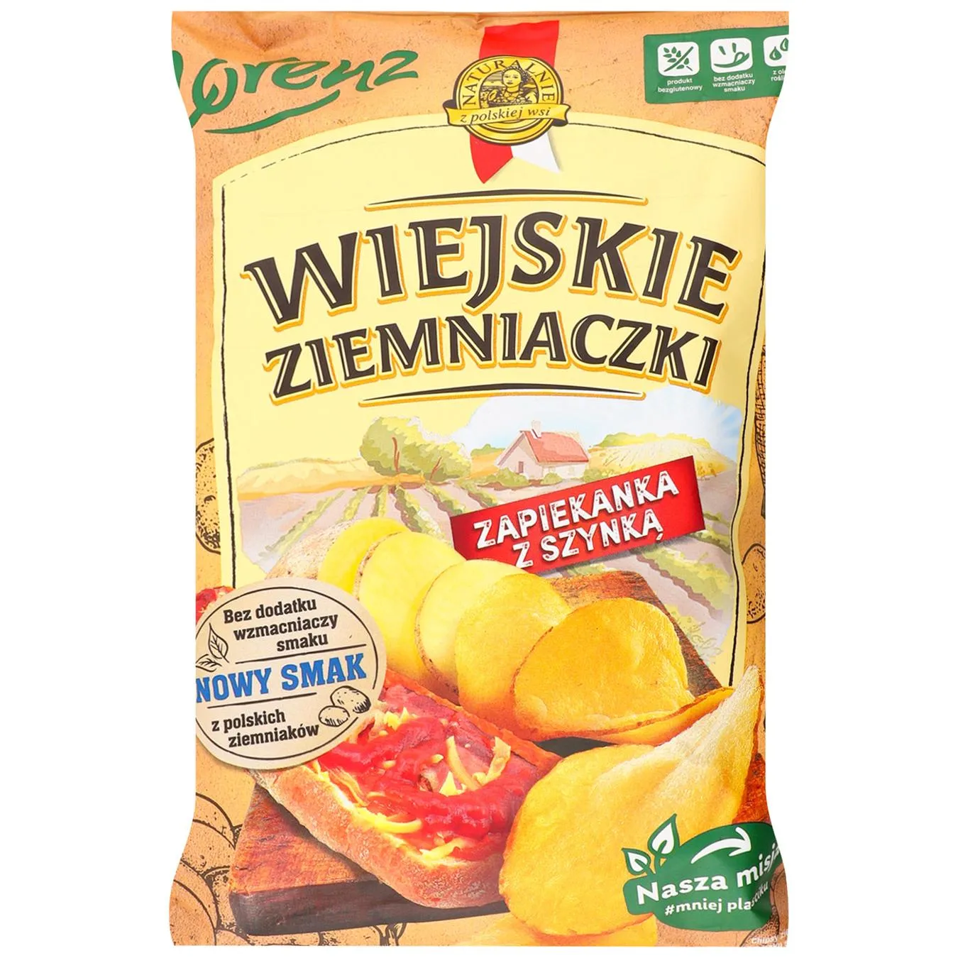 Чіпси Wiejskie Ziemniaczki картопляні з смаком шинки та сиру 130г - Фото 1