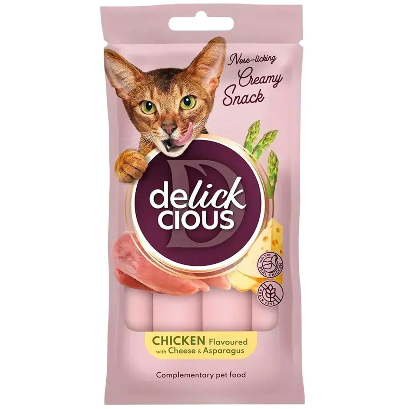 Ласощі для котів Delickcious Creamy Snack з куркою, сиром та спаржею 4шт*15г - Фото 1