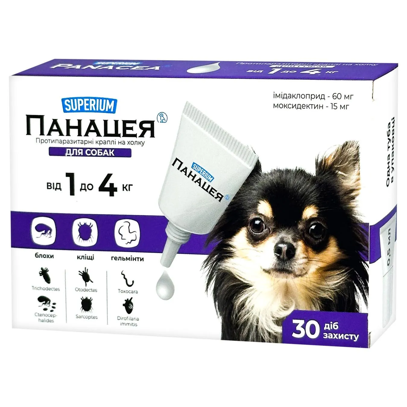 Протипаразитарні краплі на холку Superium Панацея для собак від 1 до 4кг 0,5мл - Фото 1