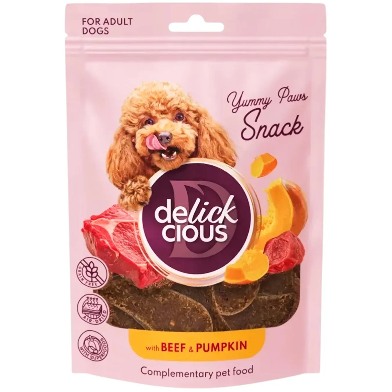 Ласощі для собак Delickcious Yummy Paws Snack з яловичиною та гарбузом 80г - Фото 1