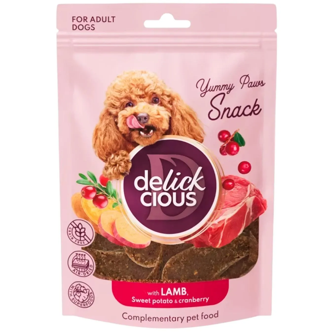 Ласощі для собак Delickcious Yummy Paws Snack з ягням, бататом та журавлиною 80г - Фото 1