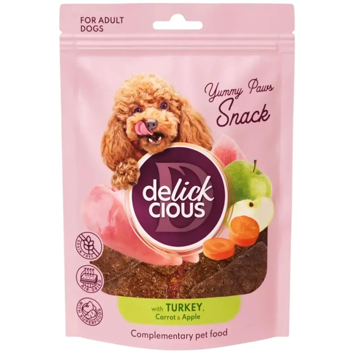 Ласощі для собак Delickcious Yummy Paws Snack з індичкою, морквою та яблуком 80г - Фото 1