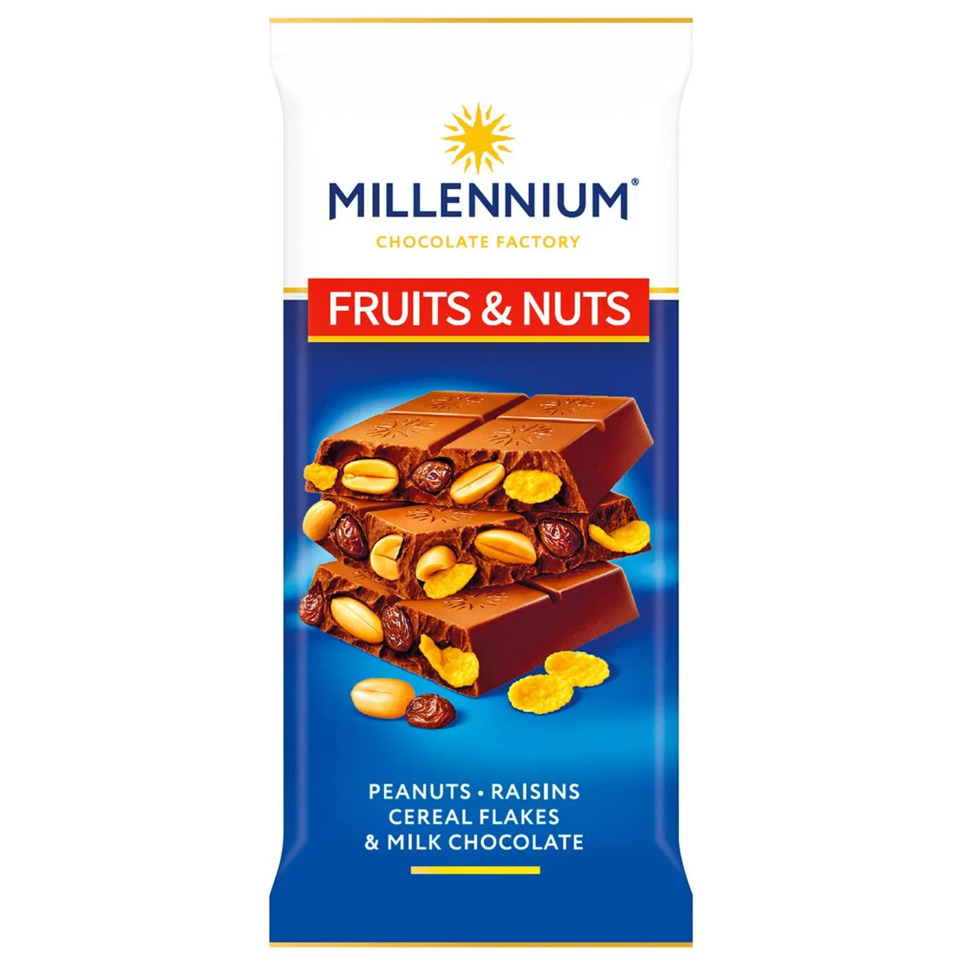 Шоколад молочний Millennium Fruits&Nuts з арахісом, родзинками, злаковими пластівцями та мигдалем 90г - Фото 1