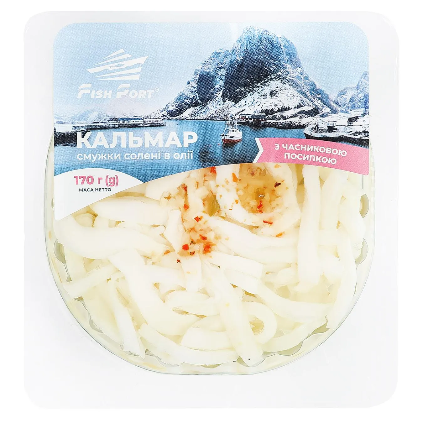 Кальмар Fish Port солений в олії з часниковою посипкою 170г - Фото 1