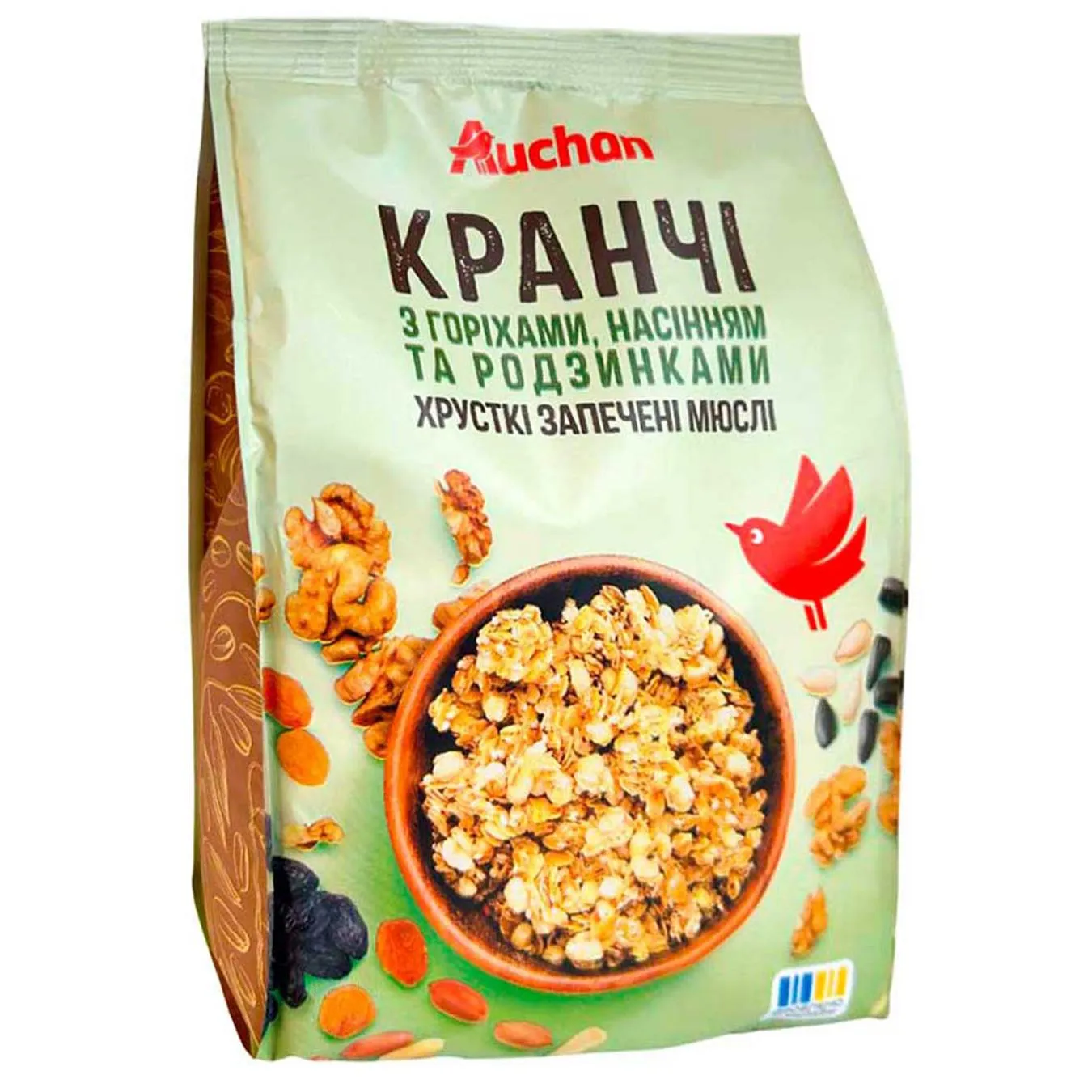 Кранчі Auchan з горіхами, насінням та родзинками 350г - Фото 1