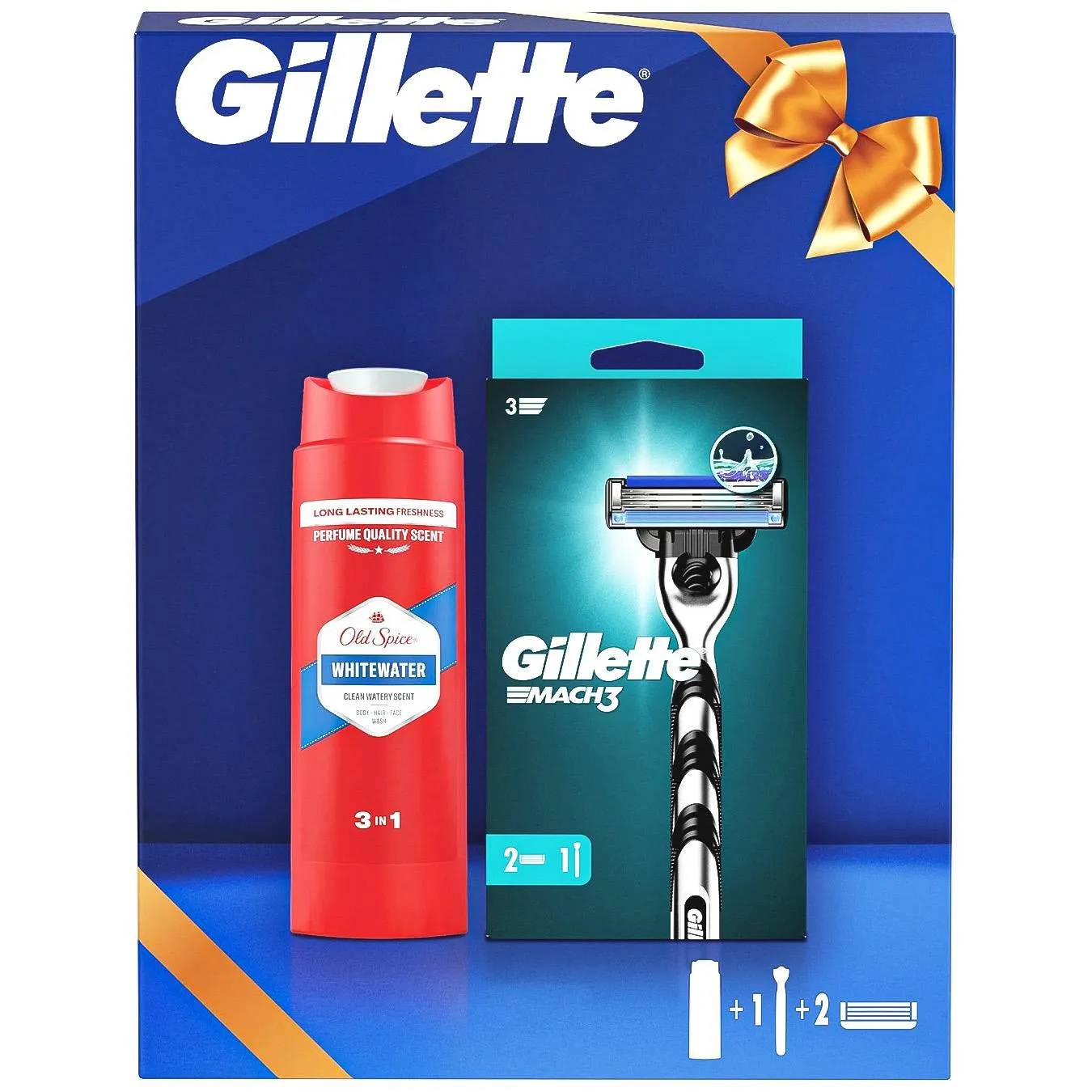 Подарунковий набір для чоловіків Gillette Станок для гоління Mach3 з 2 змінними картриджами + Гель для душу Old Spice 3-в-1 Whitewater 250 мл (8006530053242) - Фото 1