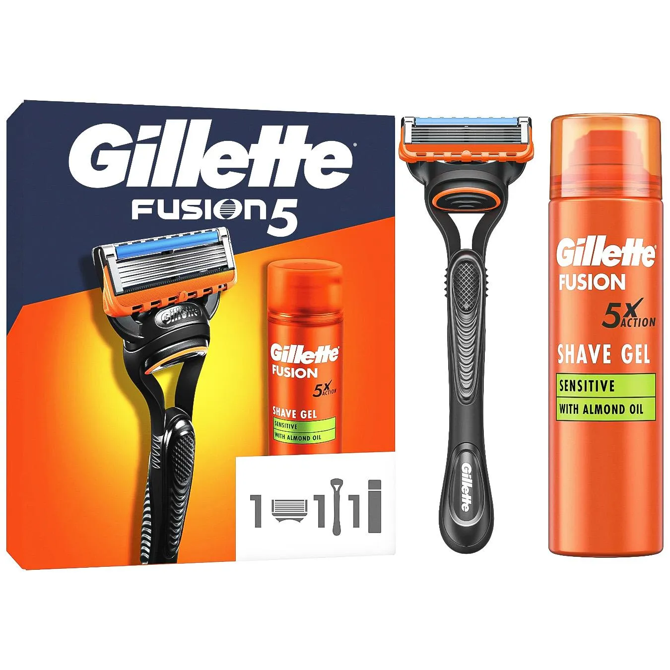 Подарунковий набір для чоловіків Gillette Станок для гоління Fusion5 з 1 змінним картриджем + Гель для гоління Fusion для чутливої шкіри 200 мл (8006530032605) - Фото 1