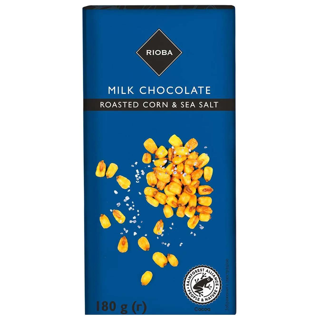 Шоколад молочний Rioba зі шматочками смаженої кукурудзи і морською сіллю 180г - Фото 1