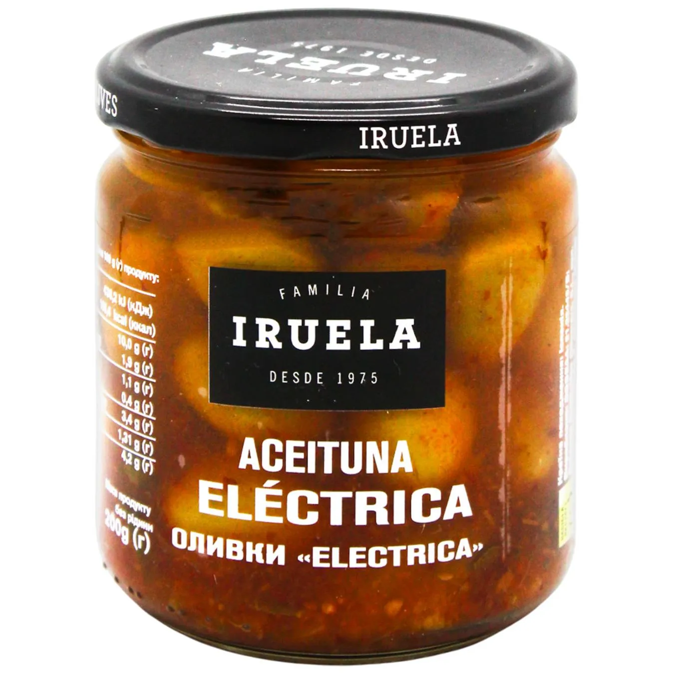 Оливки Iruella Electrica з кісточкою гострі в маринаді з овочами 365г - Фото 1