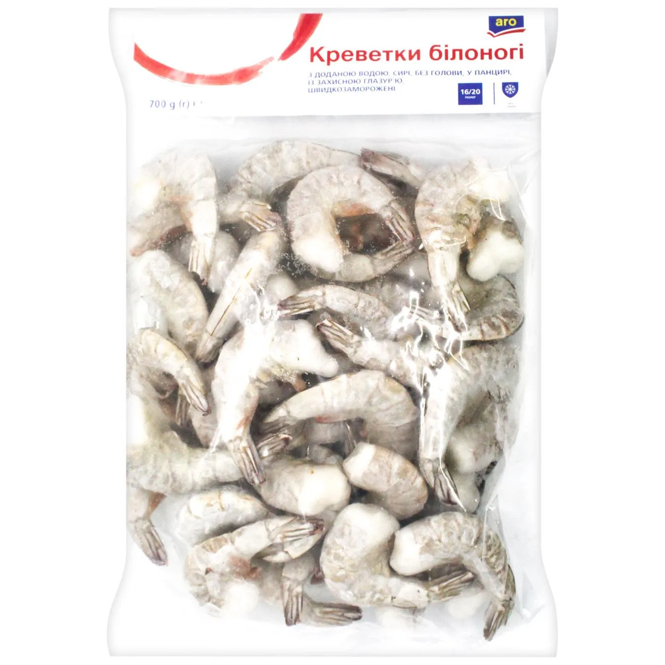 Креветки Aro білоногі неочищені без голови заморожені 16/20 700г - Фото 1