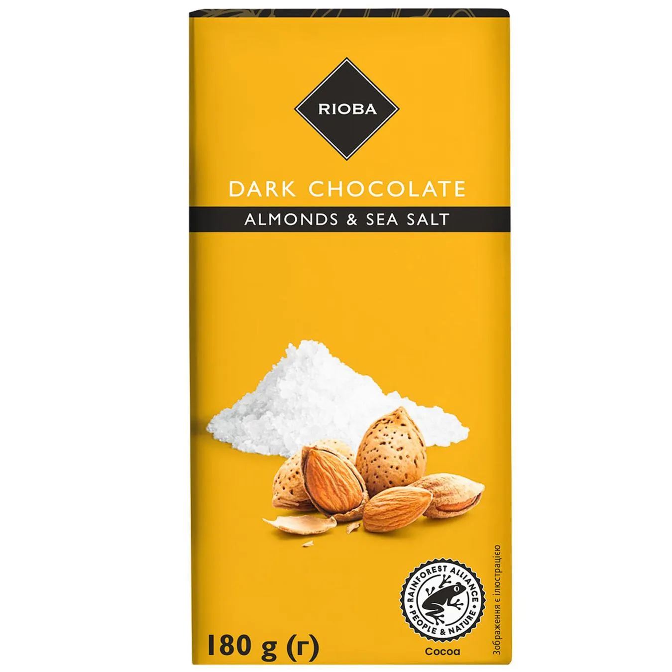 Шоколад чорний Rioba зі шматочками мигдалю і морською сіллю 180г - Фото 1