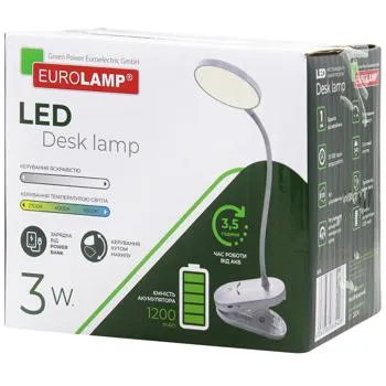 Лампа настільна Eurolamp LED на прищіпці з акумулятором, регулятором яскравості і кольору 3Вт білий - Photo 1