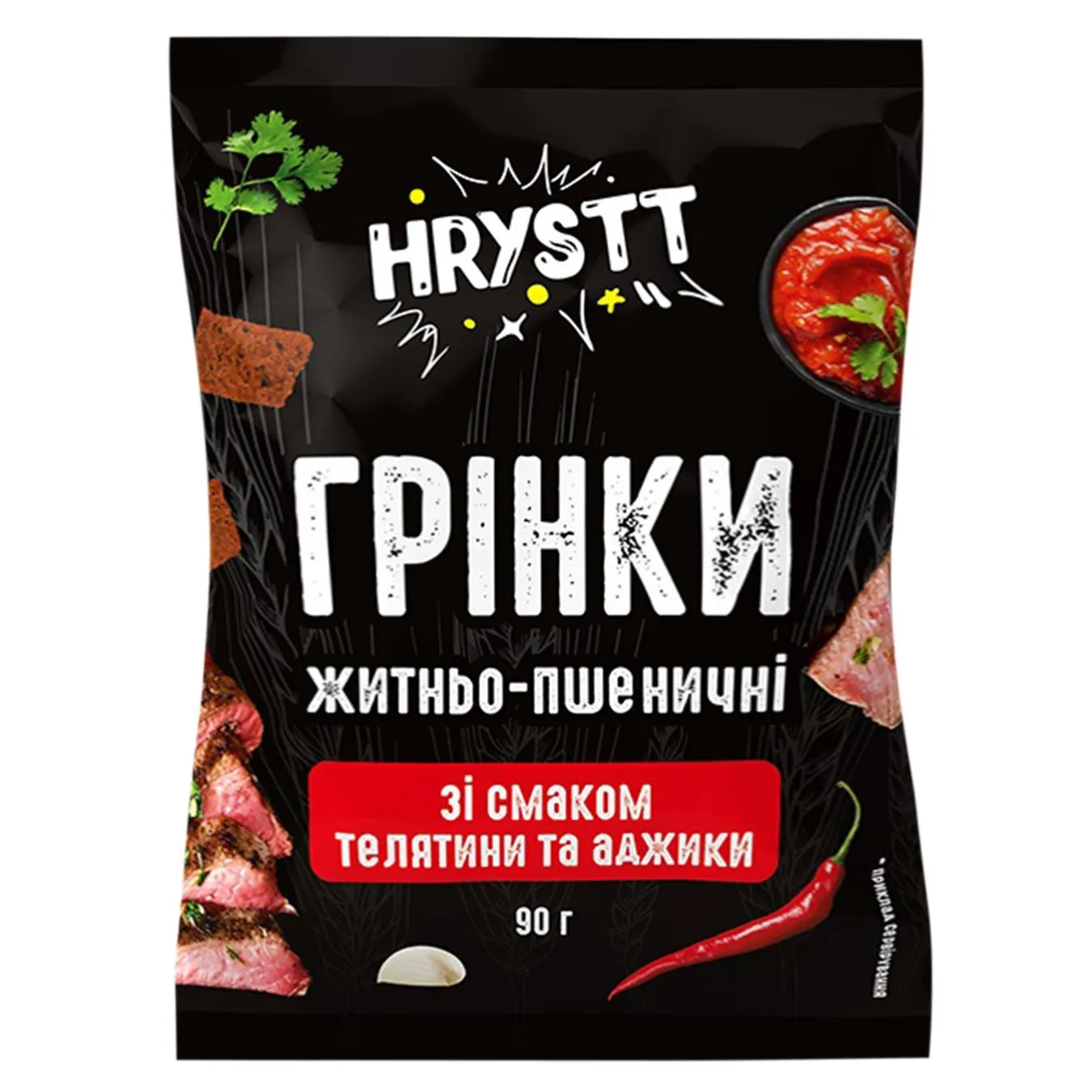 Грінки Hrystt житньо-пшеничні зі смаком телятини та аджики 90г - Фото 1