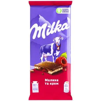 Шоколад молочний Milka з малиново-кремовою начинкою 90г зображення