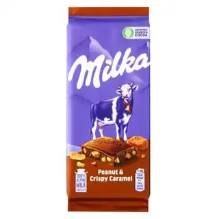 Шоколад молочний Milka з арахісом, карамельною начинкою, рисовими кульками та кукурудзяними пластівцями 90г зображення