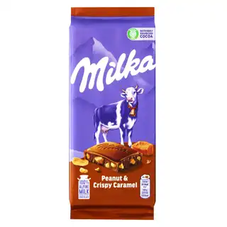Шоколад молочний Milka з арахісом, карамельною начинкою, рисовими кульками та кукурудзяними пластівцями 90г зображення